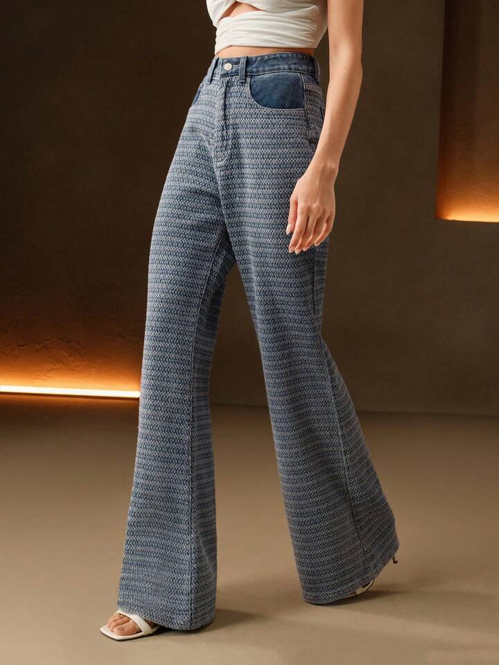 CM-BS083795 Women Casual Seoul Style Jacquard Textured Pattern Flared Leg Jeans - Blue