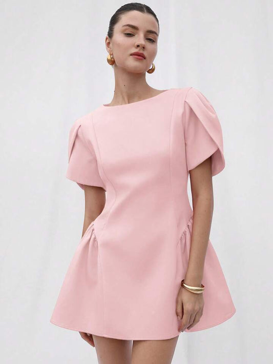 CM-DS975139 Women Elegant Seoul Style Tulip Print Puff Spliced Hem Round Neck Short Sleeve Dress - Pink