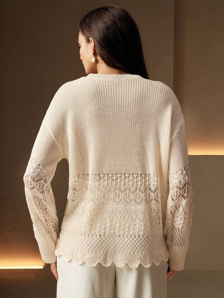 CM-CS169159 Women Elegant Seoul Style Solid Color Hollow Out Pattern Long Sleeve Knit Pullover Sweater - Beige