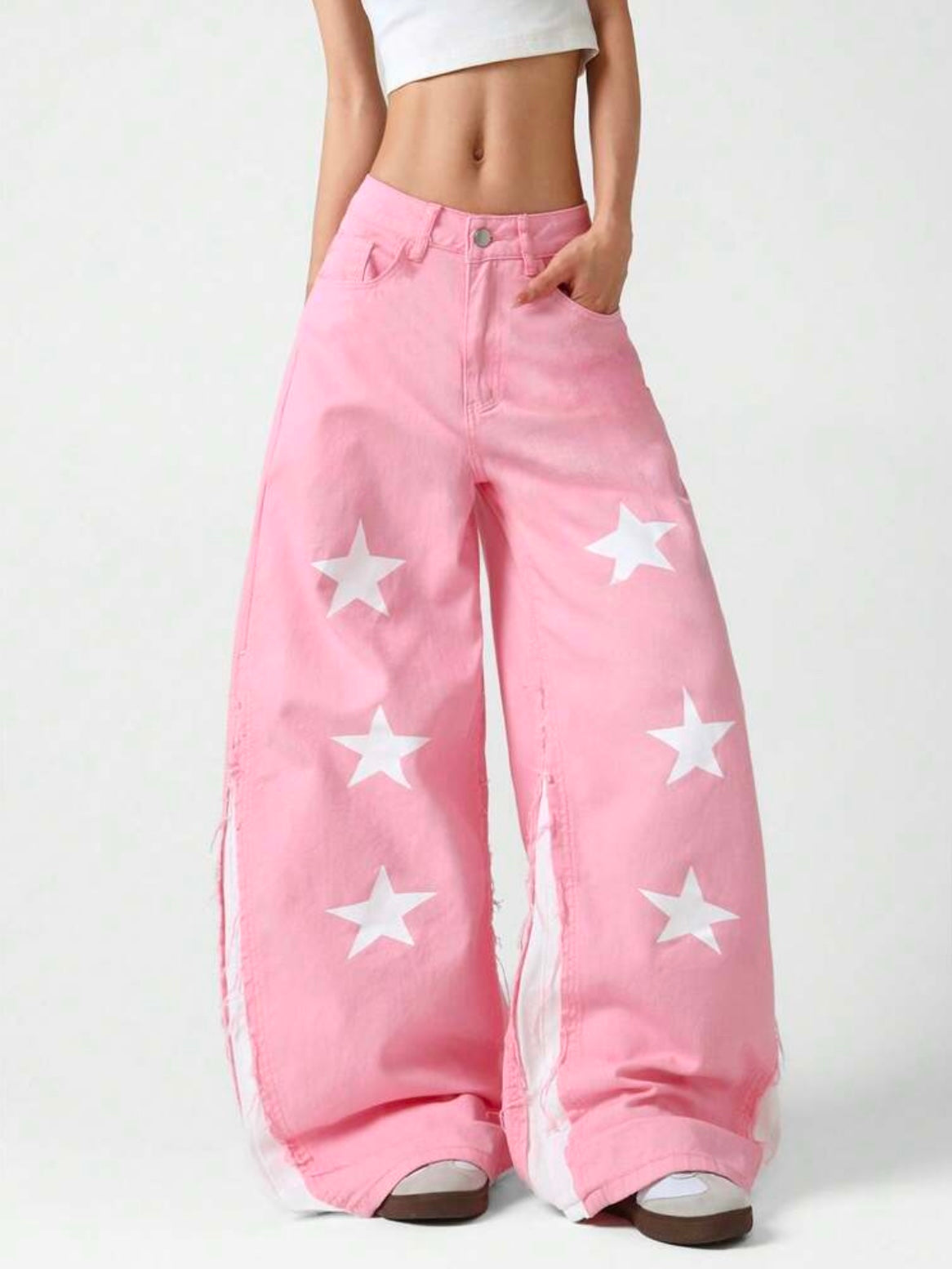 CM-BS311893 Women Casual Seoul Style Mid Waist Printed Patchwork Loose Wide Leg Denim Jeans - Pink