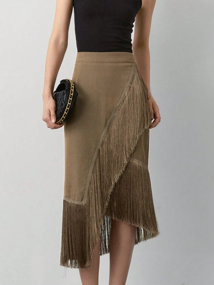 CM-BS733235 Women Trendy Bohemian Style Patchwork Tassel Knitted Skirt - Mocha Brown