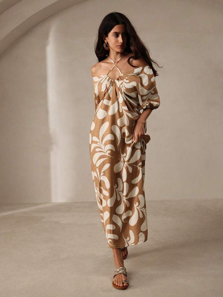 CM-DS627471 Women Trendy Bohemian Style Printed Pleated Backless Maxi Dress - Coffee
