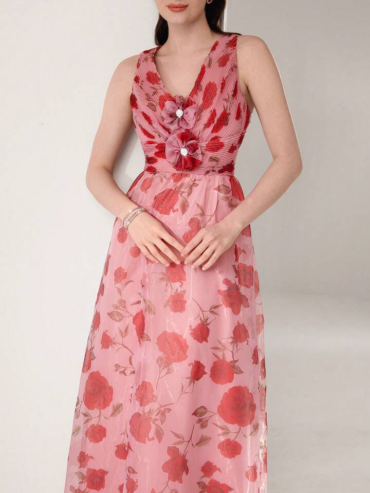 CM-DS549425 Women Elegant Seoul Style V-Neck Sleeveless Floral Print Semi-Sheer Mesh Long Dress