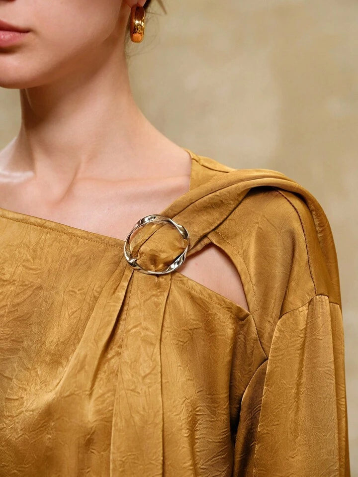 CM-TS820543 Women Elegant Seoul Style Pleated Textured Satin Oblique Shoulder Straps Pleated Metal Decor Shirts