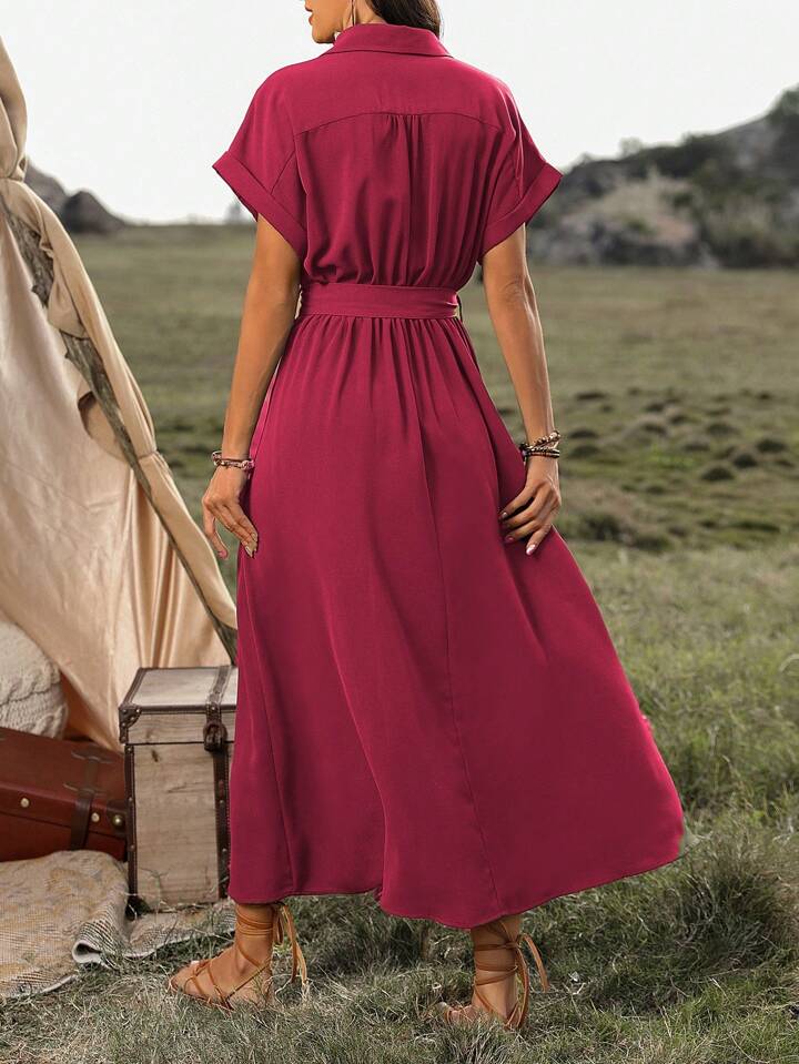 CM-DS880032 Women Trendy Bohemian Style Collar Neckline Batwing Sleeve Dress - Burgundy