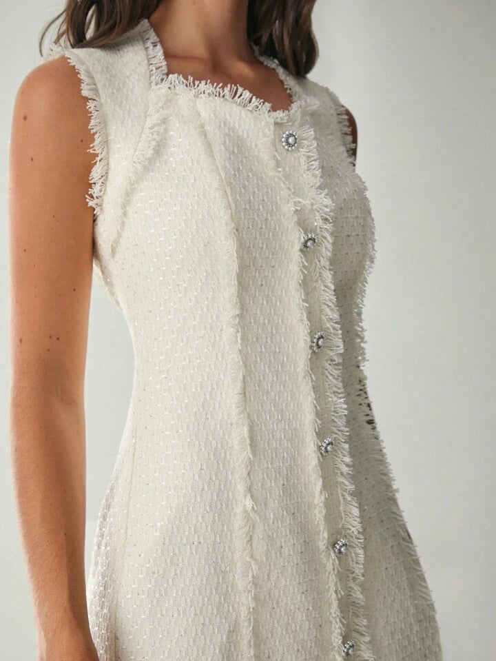 CM-DS866449 Women Elegant Seoul Style Sweetheart Neckline Sleeveless Sequin Tweed Dress - White
