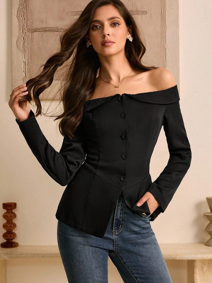 CM-TS137444 Women Elegant Seoul Style Solid Color Off Shoulder Cinched Waist Long Sleeve Blouse - Black