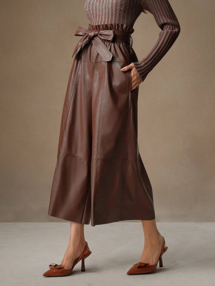 CM-BS730999 Women Elegant Seoul Style High Waist Faux Leather Wide Leg Pants - Chocolate Brown