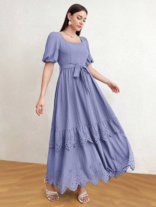 CM-DS324942 Women Casual Seoul Style Square Neck Puff Sleeve A-Line Dress - Mauve Purple