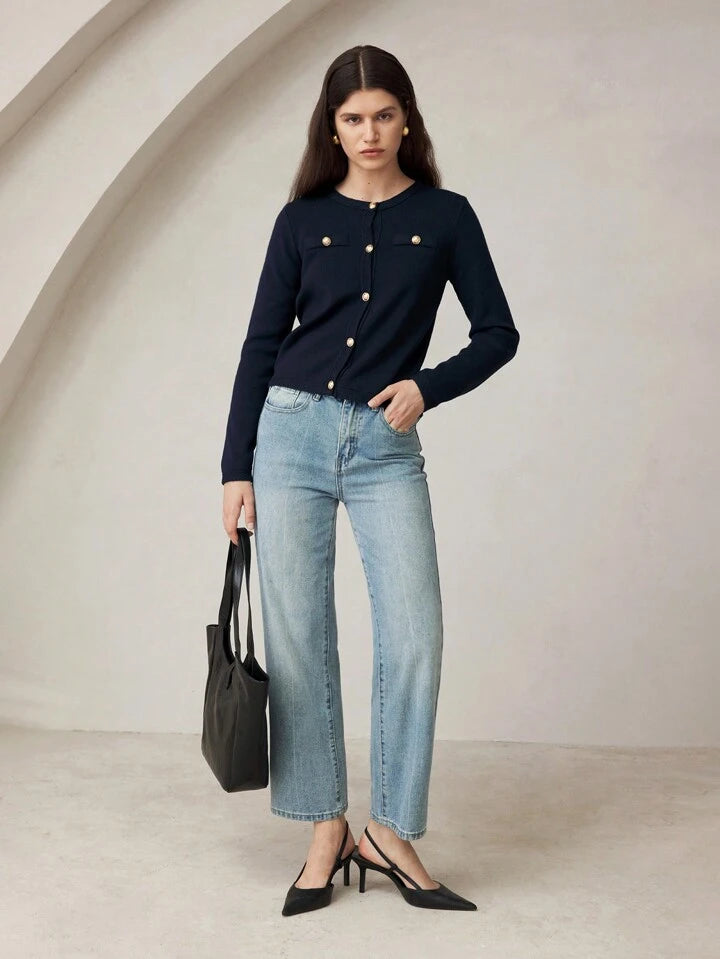 CM-CS353335 Women Casual Seoul Style Crew Neck Long Sleeve Cardigan Sweater - Navy Blue