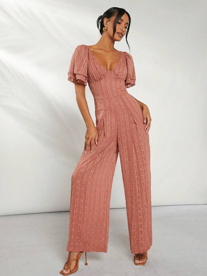 CM-JS355304 Women Trendy Bohemian Style Swiss Dot Ruffle Sleeve Jumpsuit - Dusty Pink