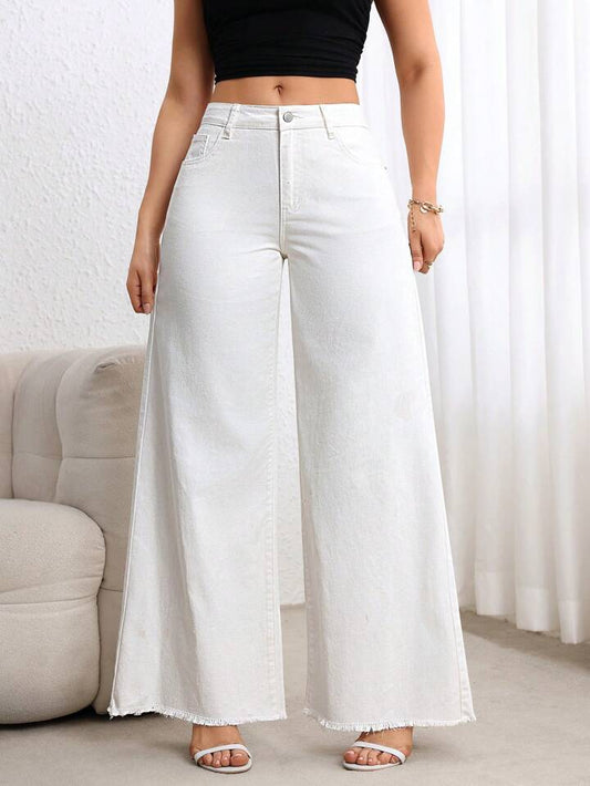 CM-BS881191 Women Casual Seoul Style Loose Pocketed Extra Long Wide Leg Denim Jeans - White