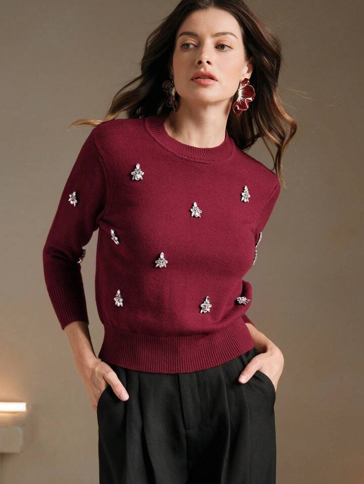CM-TS561461 Women Casual Seoul Style Rhinestone Decor Round Neck Long Sleeve Knitted Top - Burgundy