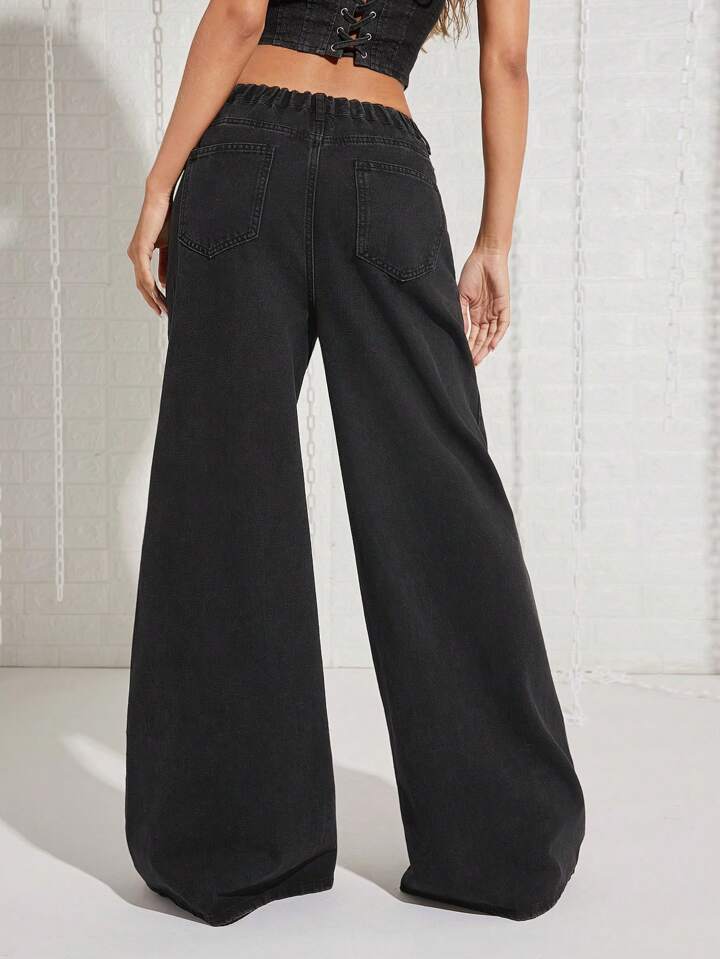 CM-BS178344 Women Casual Seoul Style Versatile Solid Color Wide Leg Jeans - Black