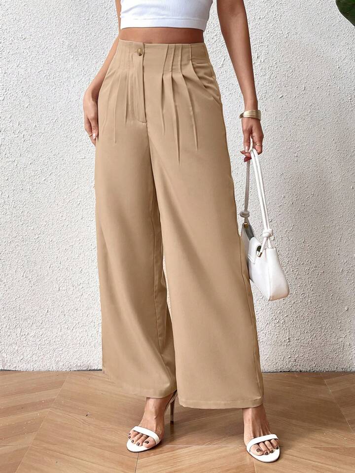 CM-BS009023 Women Casual Seoul Style Solid Color High Waist Pleated Wide Leg Pants - Khaki