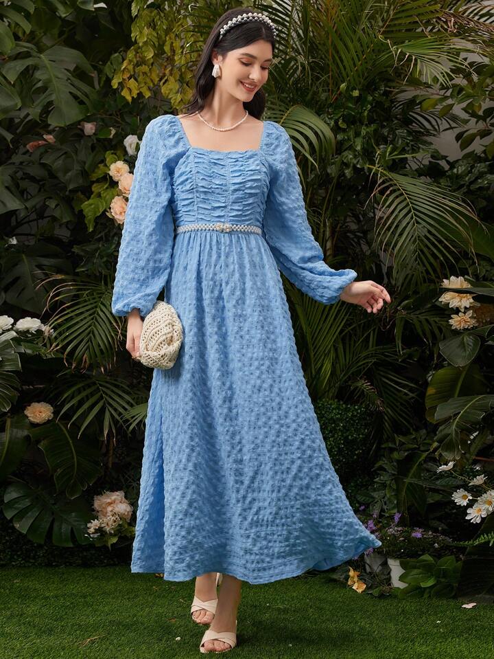 CM-DS041762 Women Elegant Seoul Style Square Neck Lantern Sleeve Dress - Blue