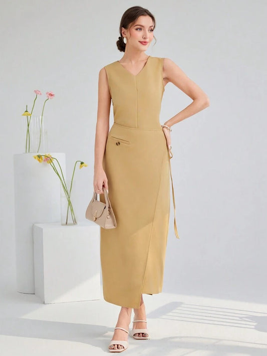 CM-DS470056 Women Elegant Seoul Style Solid Color V-Neck Sleeveless Wrap Dress - Khaki