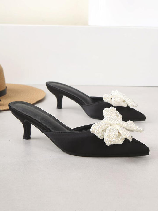 CM-SHS552270 Women Trendy Seoul Style Faux Pearl Bow Decor Point Toe Stiletto Heel Mule Pumps - Black