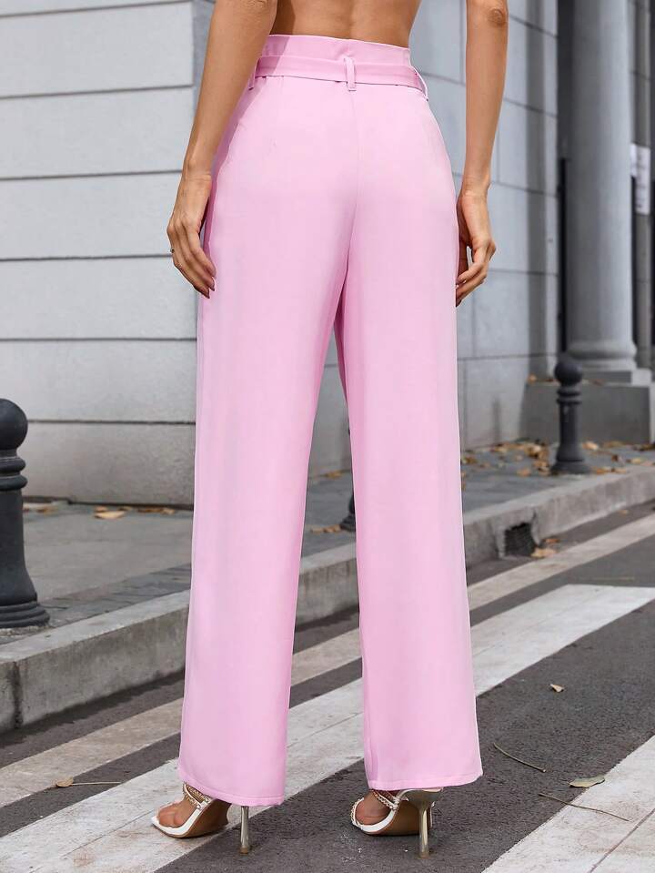 CM-BS864169 Women Casual Seoul Style Solid Color High Waist Belted Straight Leg Pants - Pink