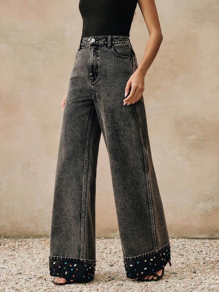 CM-BS269628 Women Elegant Seoul Style High Waist Rhinestone Embellished Loose Leg Wide Leg Jeans - Black