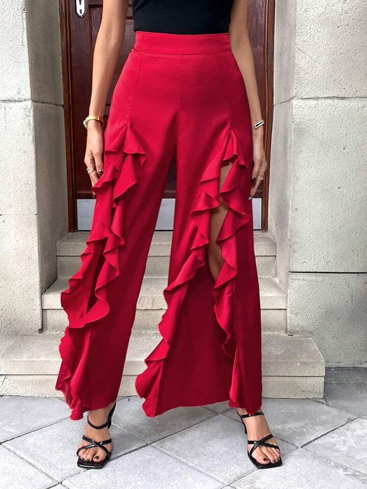 CM-BS755952 Women Casual Seoul Style High Waist Ruffle Hem High Slit Wide Leg Pants - Red