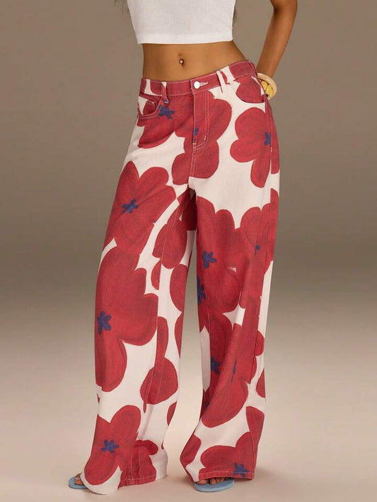 CM-BS033640 Women Casual Seoul Style Floral Print Mid Waist Floral Print Wide Leg Denim Jeans