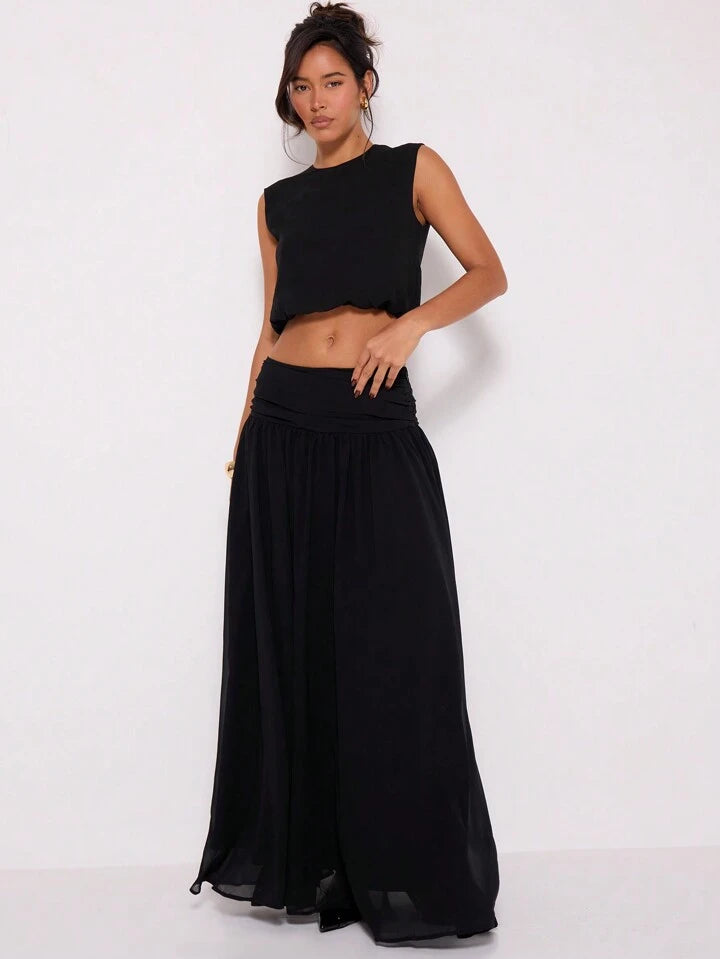 CM-BS754539 Women Trendy Bohemian Style Ruched Waist Chiffon Maxi Skirt - Black
