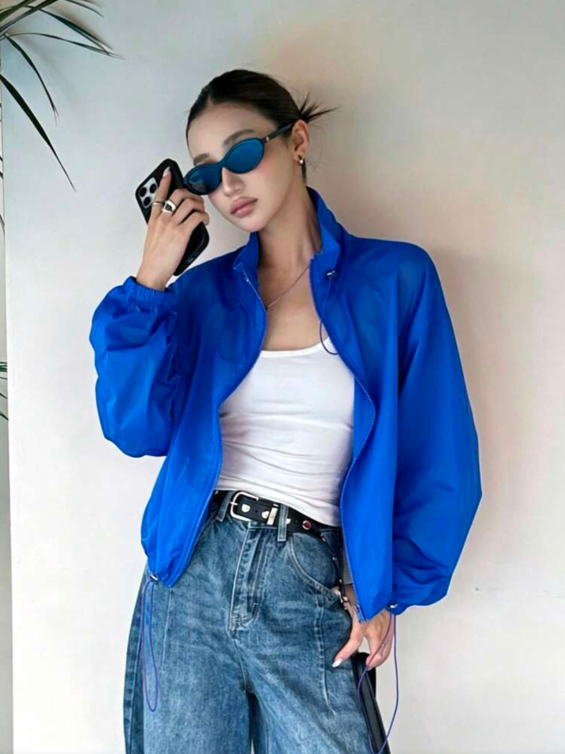 CM-CS788067 Women Casual Seoul Style Drawstring Collar Loose Fit Short Lightweight Jacket - Blue