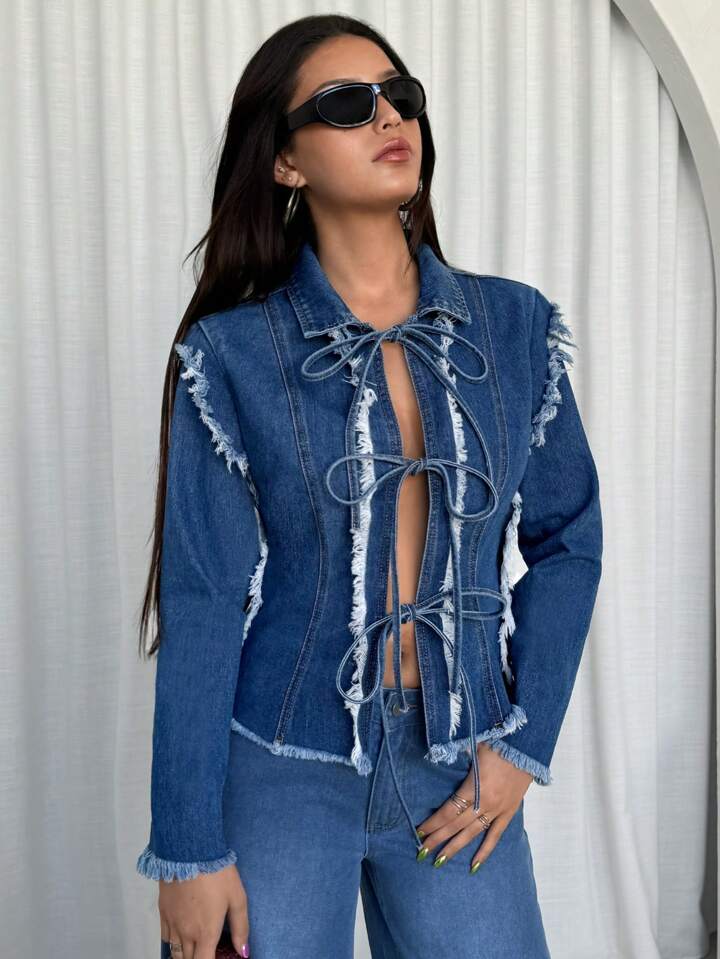 CM-CS555822 Women Casual Seoul Style Patchwork Frayed Edge Long Sleeve Front Tie Denim Jacket