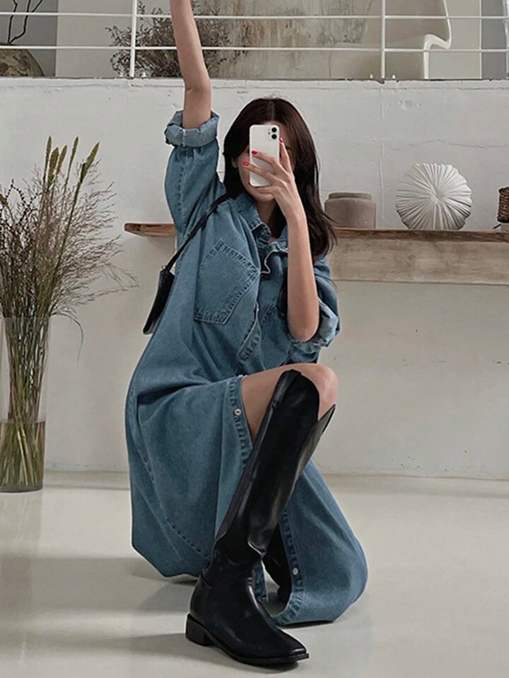CM-DS093431 Women Casual Seoul Style Front Button Closure Dropped Shoulder Loose Denim Dress - Blue