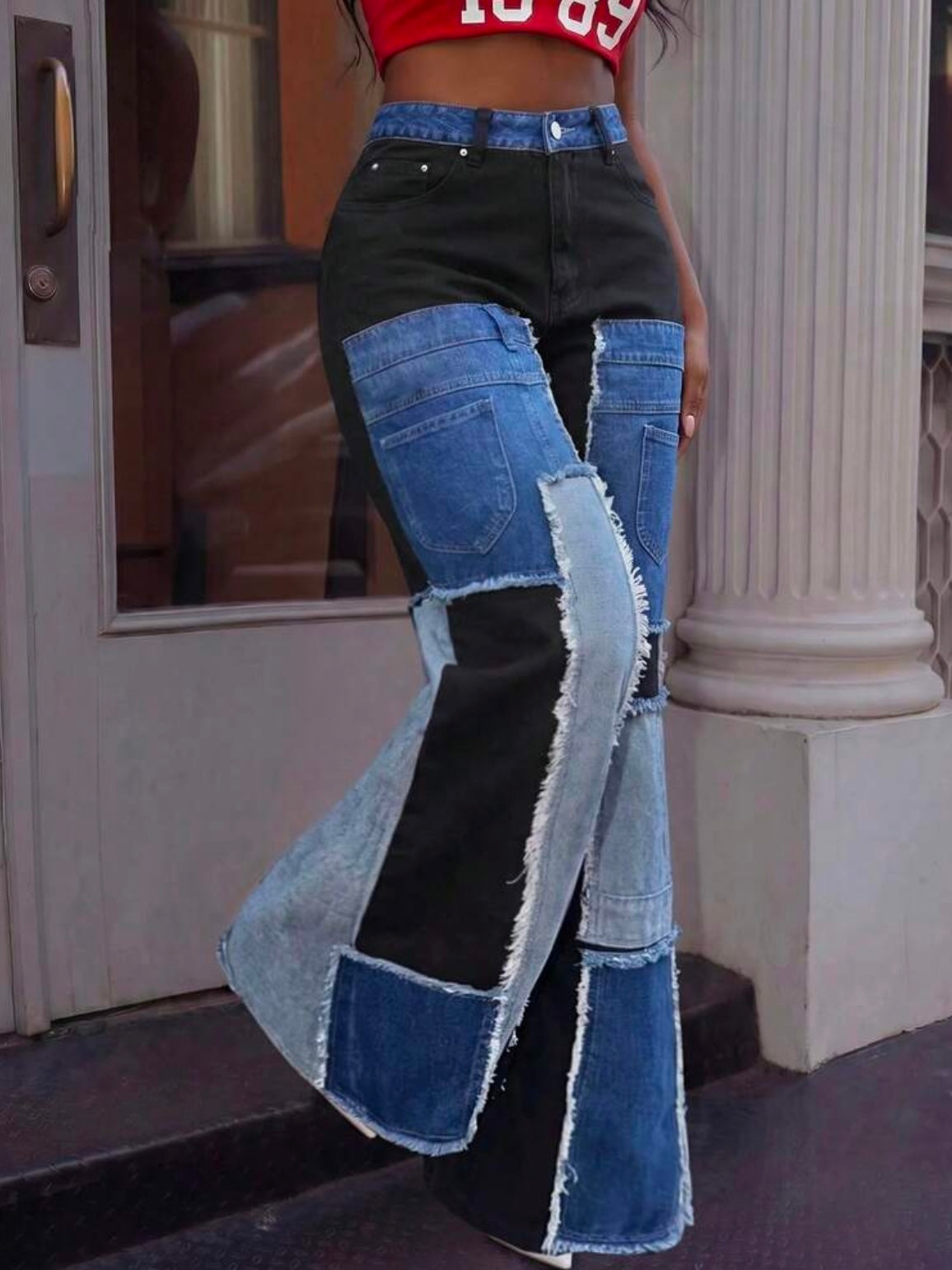CM-BS132195 Women Casual Seoul Style Patchwork Low Waist Extra Long Wide Leg Denim Pants