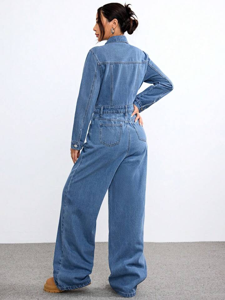 CM-JS684434 Women Casual Seoul Style Light Washed Long Sleeve High Waist Denim Jumpsuit