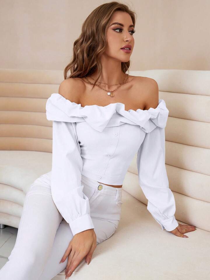 CM-TS011797 Women Elegant Seoul Style Off the Shoulder Long-Sleeved Shirt - White