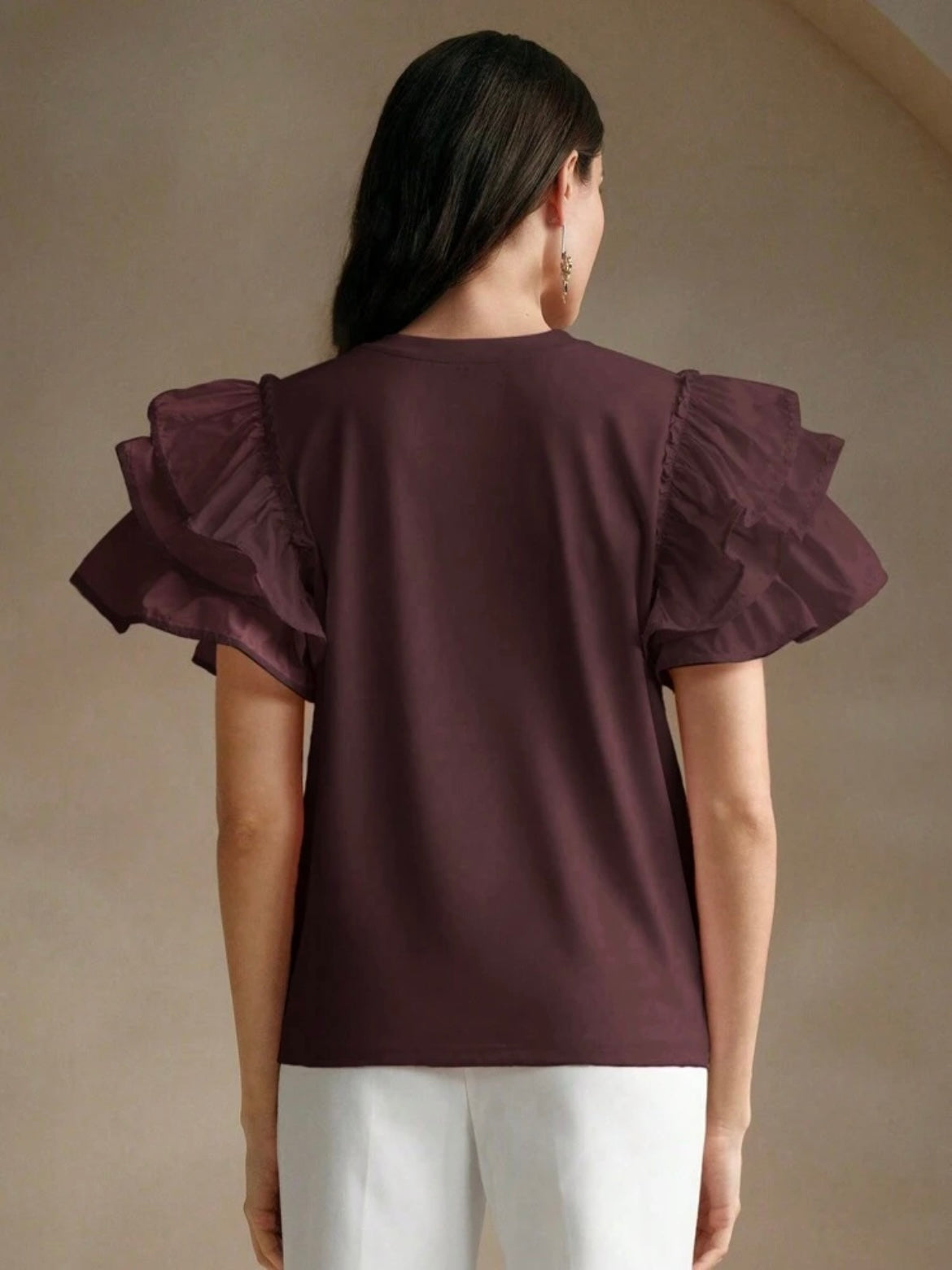 CM-TS399899 Women Casual Seoul Style Round Neck Puff Sleeve Ruffle Hem Splice Short Sleeve T-Shirt