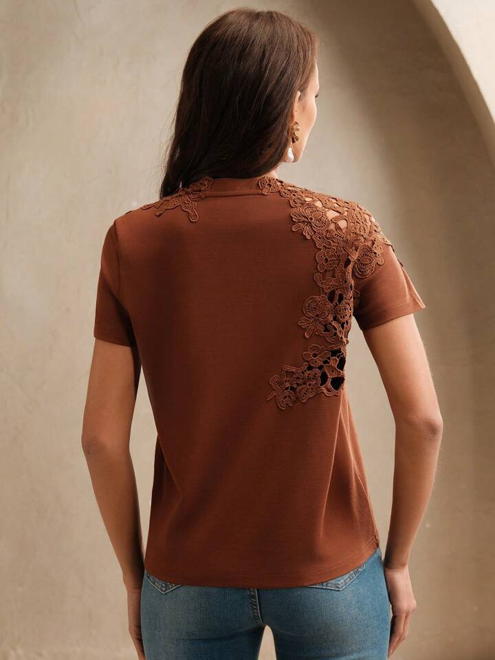CM-TS115759 Women Casual Seoul Style Lace Crochet Patchwork Hollow Out Short Sleeve Blouse - Coffee Brown
