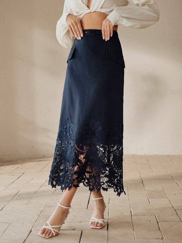CM-BS827274 Women Elegant Seoul Style Hollow Embroidered Lace Patchwork A-Line Belted Mid-Length Skirt