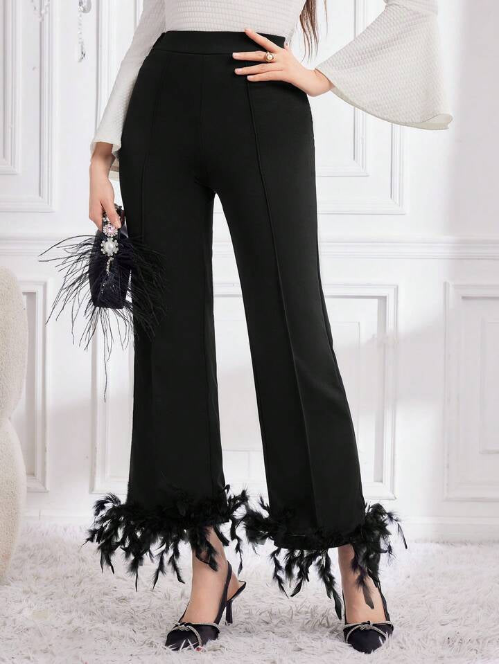 CM-BS368716 Women Elegant Seoul Style High Waist Feather Hem Flare Pants - Black