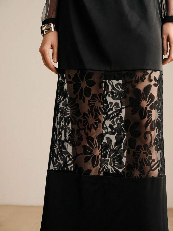 CM-SS699699 Women Elegant Seoul Style Hollow-Out Lace Collar Neckline  Long Sleeve Top With Maxi Skirt - Set