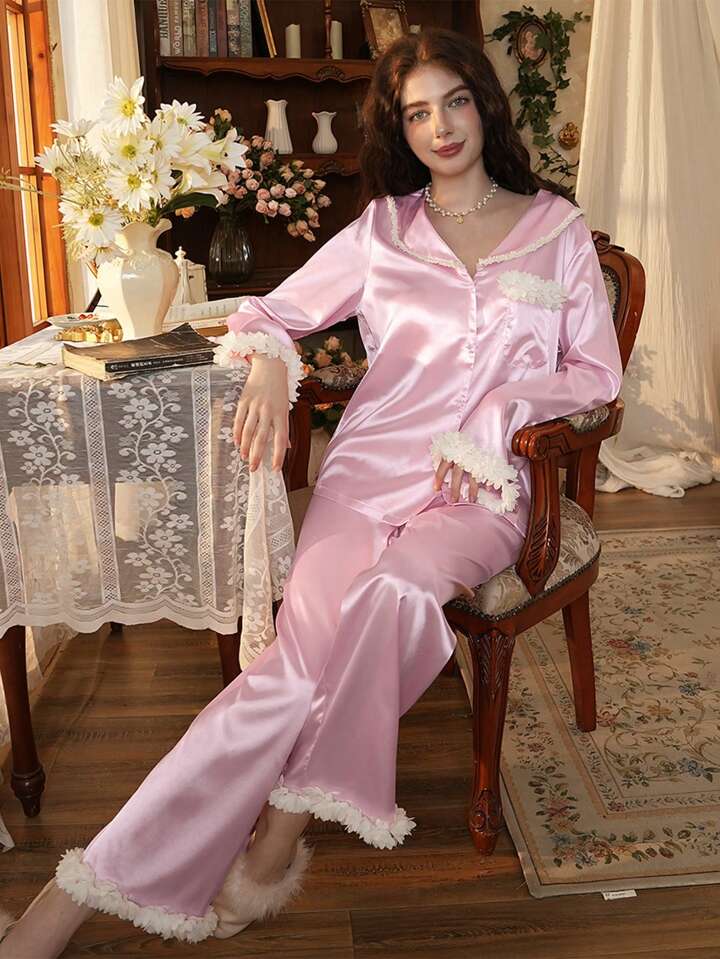 CM-LS755245 Women Trendy Seoul Style Lace Patchwork Long Sleeve Satin Pajama Set - Pink
