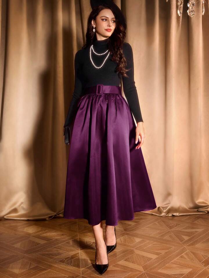 CM-BS562519 Women Elegant Seoul Style Ultra High Waist Satin Flared Hem A-Line Skirt - Purple