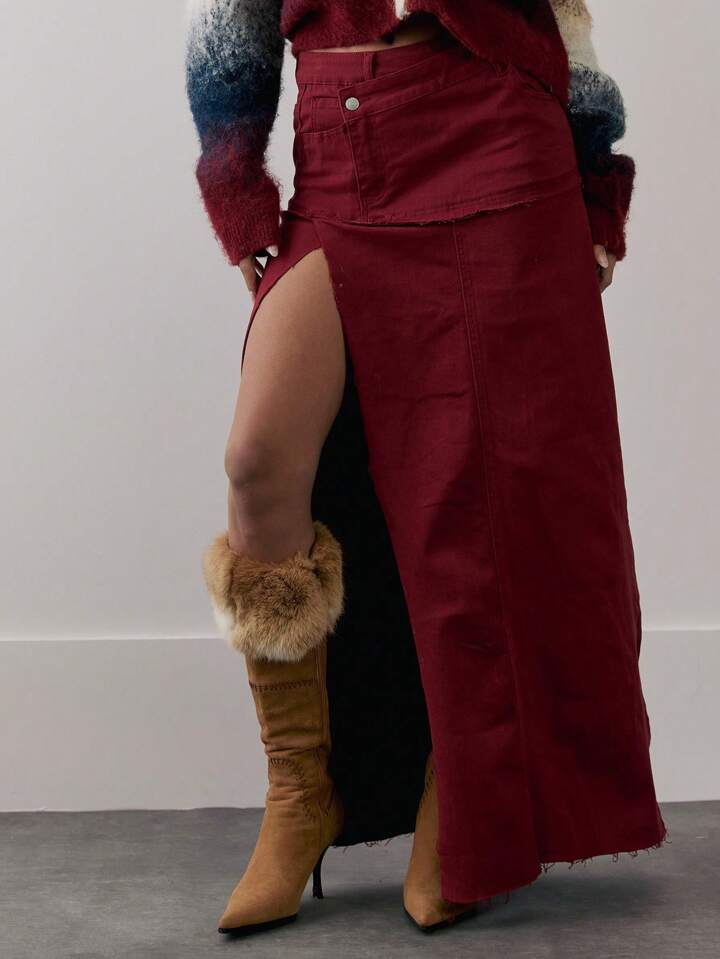 CM-BS633279 Women Casual Seoul Style High Rise Seam Overlay Detail Distressed Split Maxi Skirt