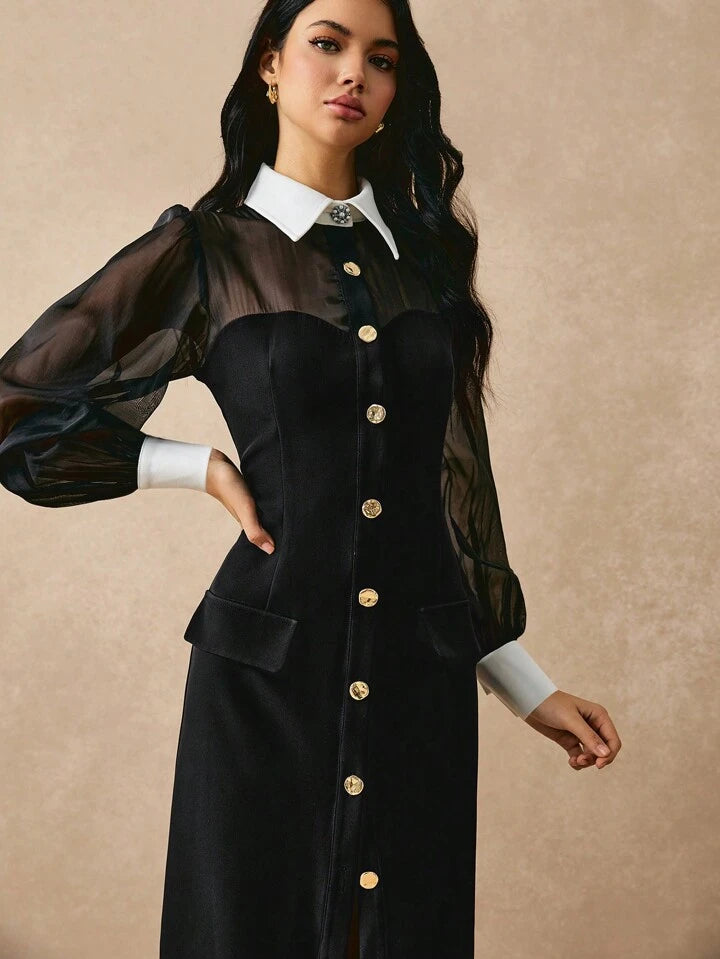 CM-DS490569 Women Elegant Seoul Style Color Block Button Front Long Sleeve Maxi Dress - Black