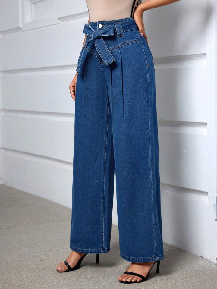 CM-BS232441 Women Casual Seoul Style Dark Wah High Waisted Loose Wide Leg Jeans