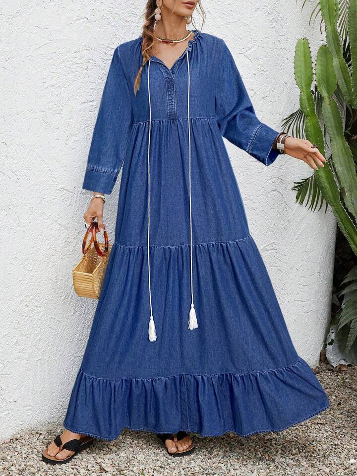CM-DS659151 Women Trendy Bohemian Style Medium Wash Round Neck 3/4 Sleeve Loose Long Denim Dress
