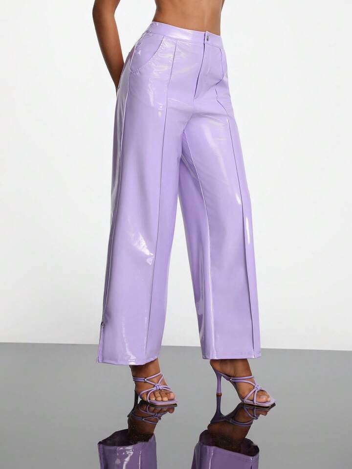 CM-BS006433 Women Casual Seoul Style High Waist PU Leather Pants With Pockets - Lilac Purple