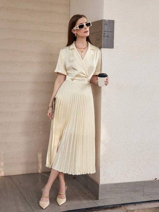 CM-DS944449 Women Elegant Seoul Style Notch Collar Short Sleeve Waist Belt Midi Dress - Champagne