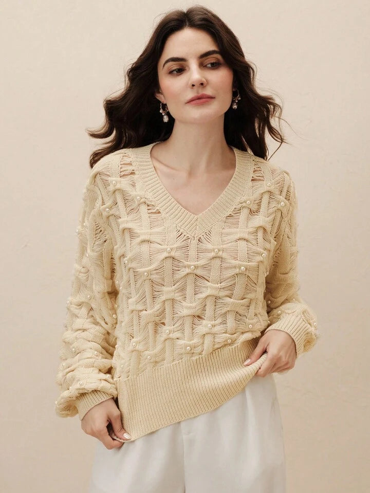 CM-CS012624 Women Elegant Seoul Style Faux Pearl Decor Hollow V-Neck Loose Long Sleeve Sweater - Apricot
