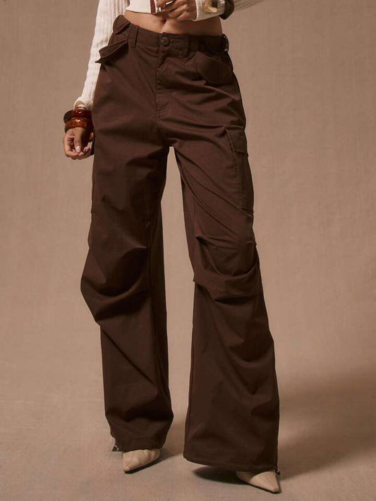 CM-BS387973 Women Casual Seoul Style Low Waist Wide Leg Cargo Trousers - Chocolate Brown