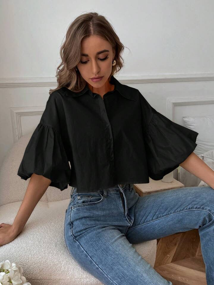 CM-TS805588 Women Casual Seoul Style Drop Bishop Sleeve Single Breasted Blouse - Black