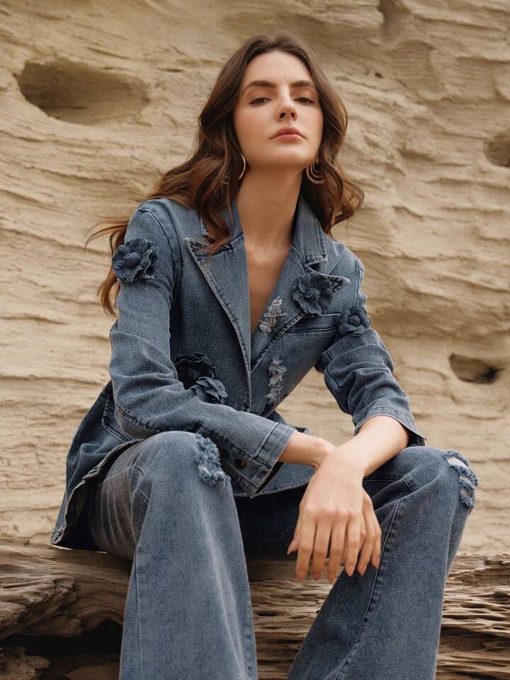 CM-CS412231 Women Elegant Seoul Style Lapel Neckline Single-Breasted Loose Fit Denim Jacket - Blue